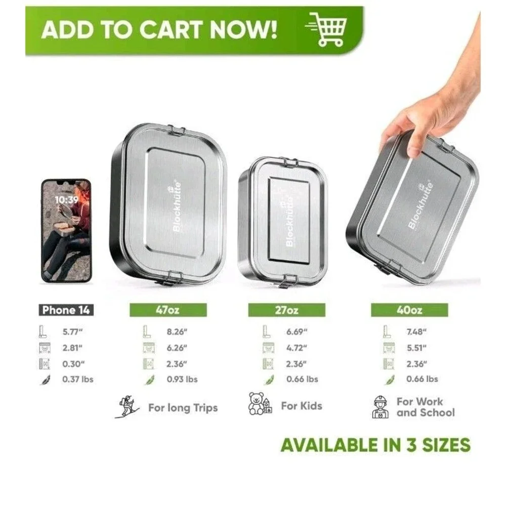 Blockhuette Stainless Steel Lunch Box I 27oz I With Free Sealing I Bento Box 3 C